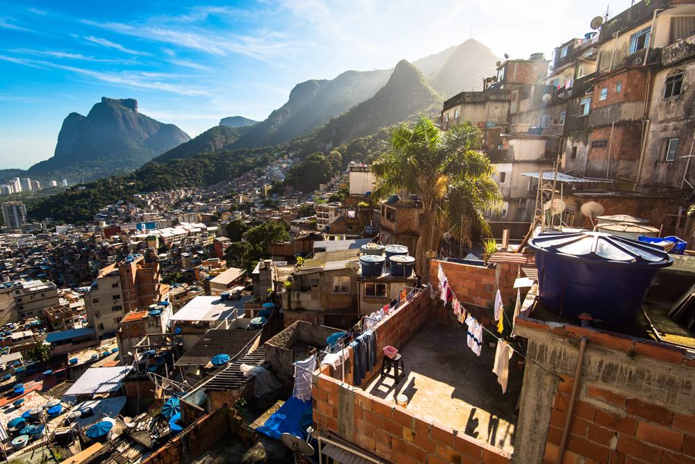 Rocinha, the largest favela in Brazil, with surrounding mountains, Rio de Janeiro, Brazil 