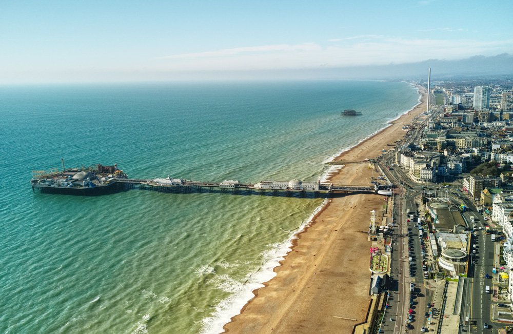 Aerial view of Brighton and Hove seafront, England, UK 