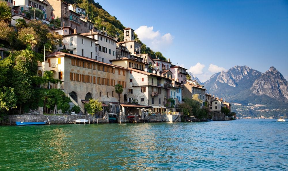 Buildings along the shore of Lake Lugano, Switzerland 