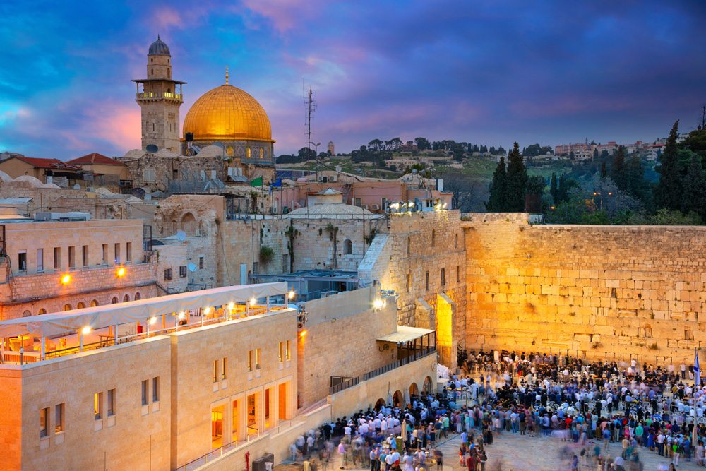 Dome of the Rock and Western Wall at sunset, Jerusalem, Israel 