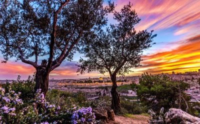 Dramatic sunset over Jerusalem seen from Mount of Olives, Israel