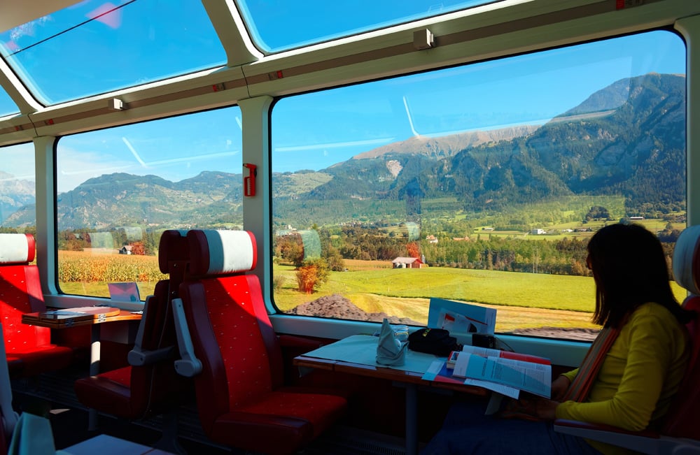 Enjoy Swiss countryside scenery through the panoramic windows on the Glacier Express, Switzerland 