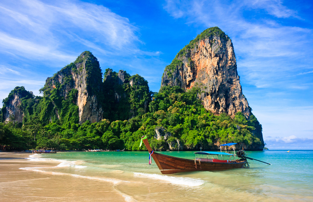 Limestone cliff and longtail boat at Railay Beach in Krabi, Thailand 