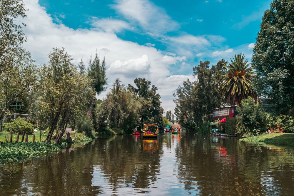 Mexican trajineras in Xochimilco's lake, Mexico Cropped 