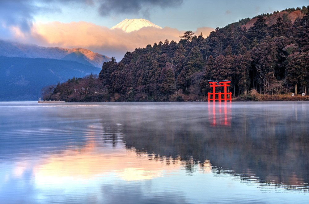 Mount Fuji reflection on Lake Ashi (Ashinoko), Hakone, Japan 