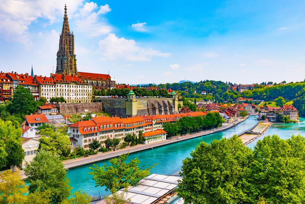 Scenic summer view of the Old Town architecture of Bern and Aare River embankment, Switzerland 