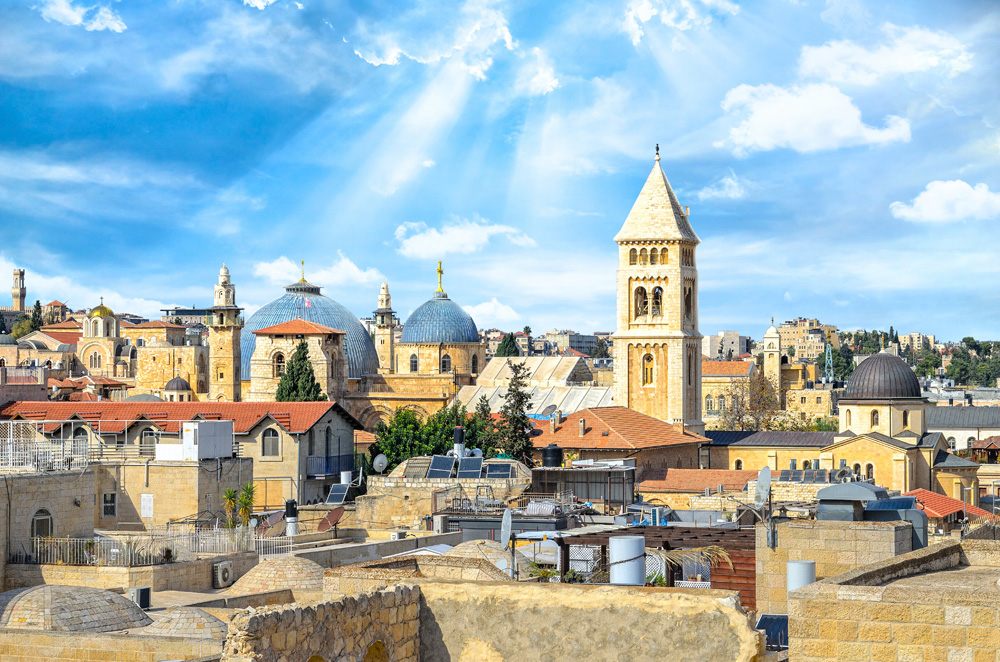 View of Jerusalem old city, Christian Quarter, and the Church of the Holy Sepulchre, Israel 