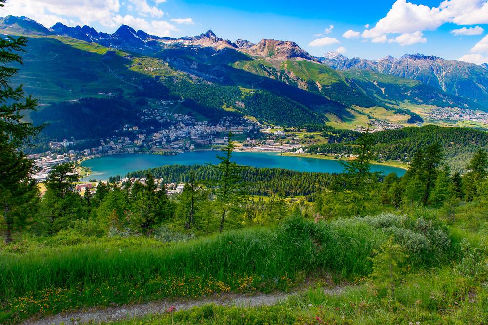 View of St. Moritz from a mountain trail in summer, Switzerland 