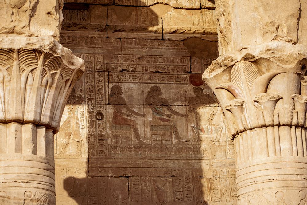 Colour hieroglyphics at the Temple of Horus, Edfu, Egypt 