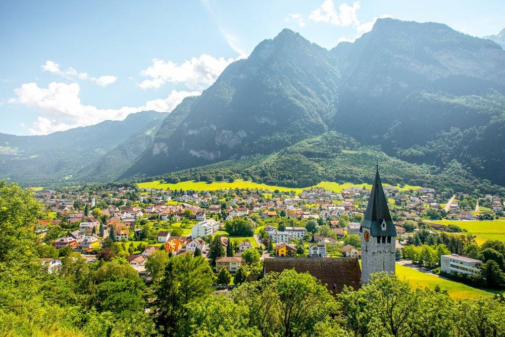 Landscape view of Balzers Village with Saint Nicholas church, Liechtenstein