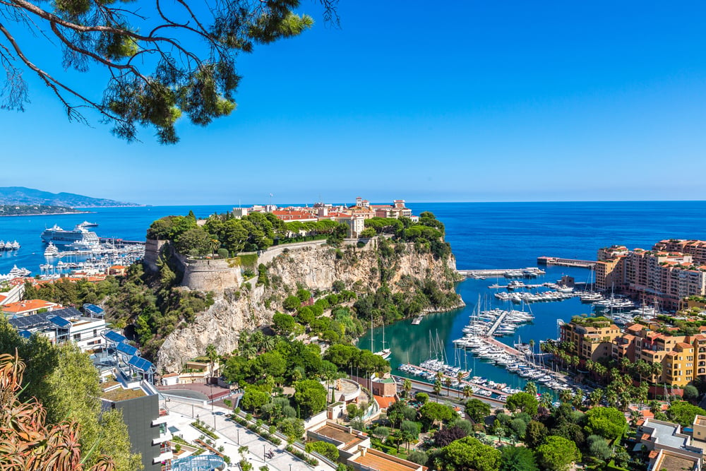 Panoramic view of Prince's Palace in Monte Carlo on a summer day, Monaco