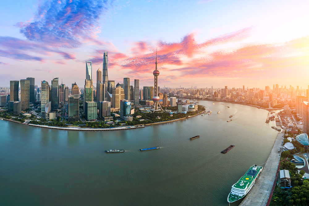 Aerial view of Shanghai skyline at sunset, China