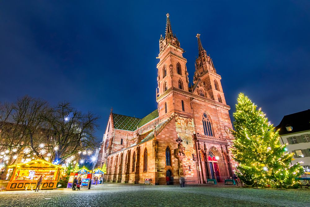 Christmas market at Munsterplatz and Munster Cathedral, Basel, Switzerland 