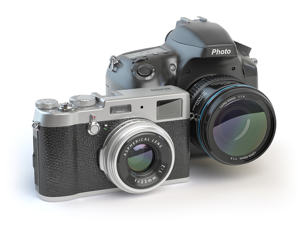 Retro-stylized mirrorless and DSLR cameras isolated 