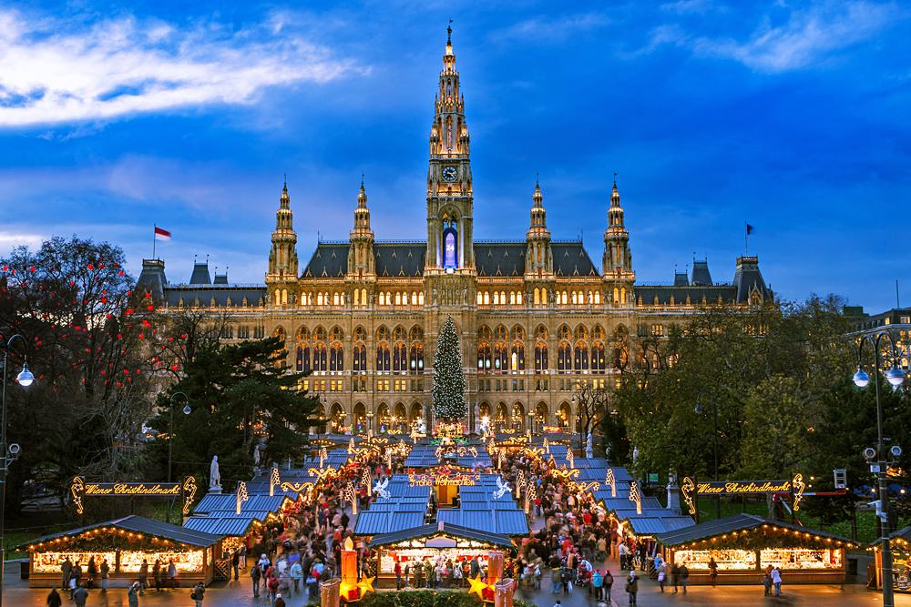 Traditional Christmas market in front of City Hall (Rauthaus), Vienna, Austria 