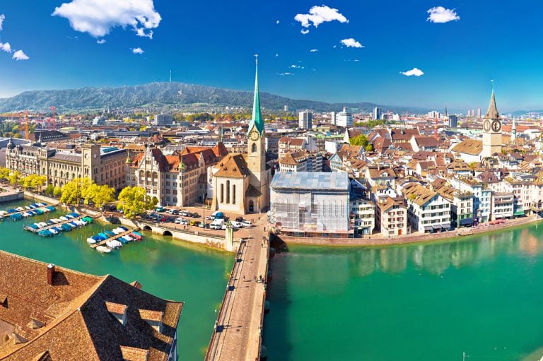 Aerial and panoramic view of Zurich and Limmat River waterfront, Switzerland