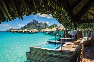 Balcony of overwater bungalow at Four Seasons Bora Bora, Tahiti (French Polynesia)