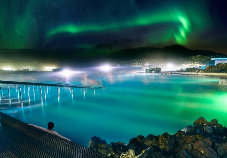 Blue Lagoon at night with Northern Lights, Iceland