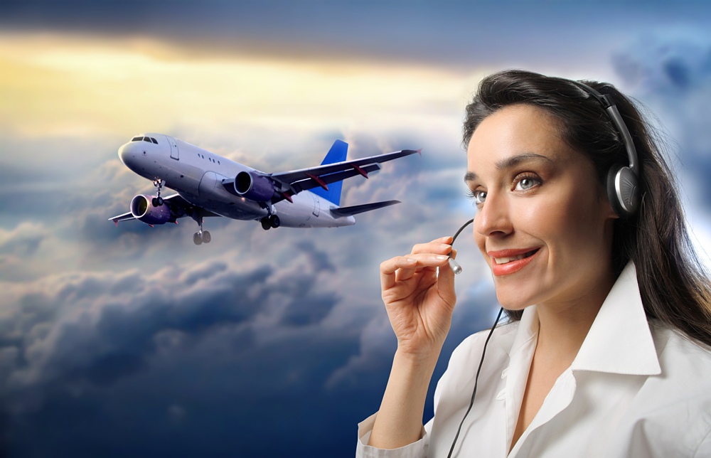 Customer support operator against a cloudy sky with airplane 