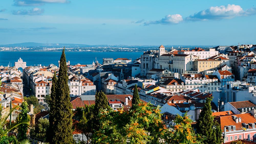 Lisbon cityscape overlooking Baixa downtown area, Portugal 