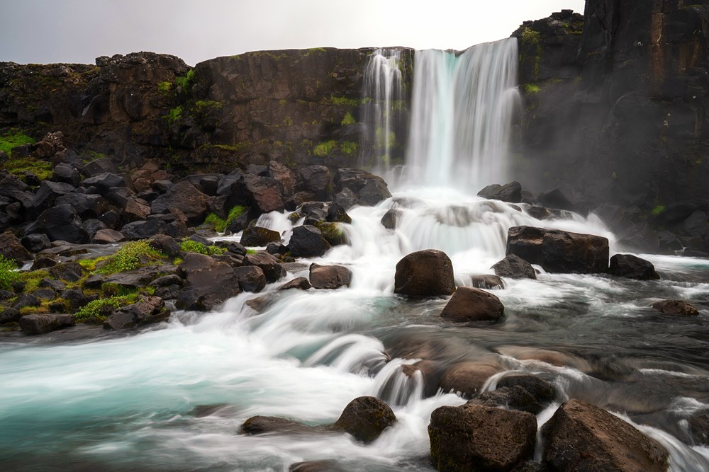 Oxararfoss waterfall in Thingvellir National Park, Golden Circle route, Iceland 