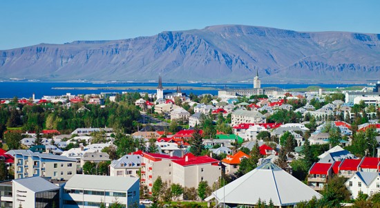 Reykjavik town, harbour and mountains seen from Hallgrimskirkja Cathedral