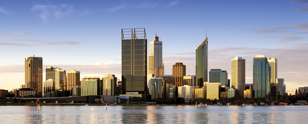 Perth skyline at dusk as seen from Swan River, Australia