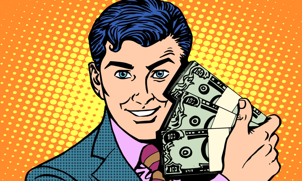 Rich with wads of dollars. The business concept of financial success pop art retro style