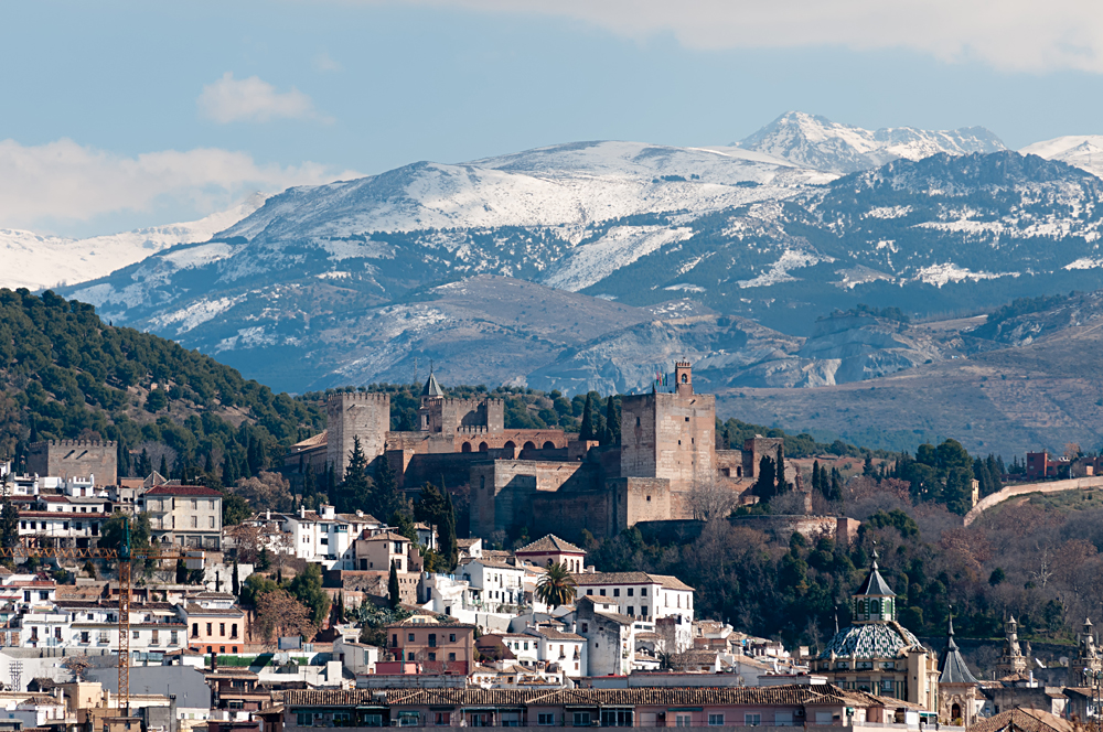 View of Alhambra at winter with Sierra Nevada in the background, Spain