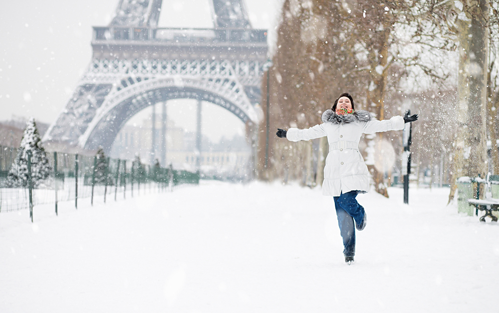 Winter in Paris with Happy Young Woman, France