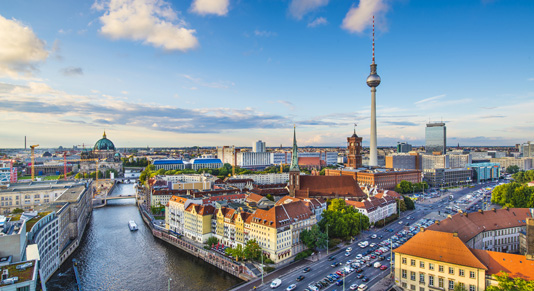 Berlin, Germany skyline over the Spree River.